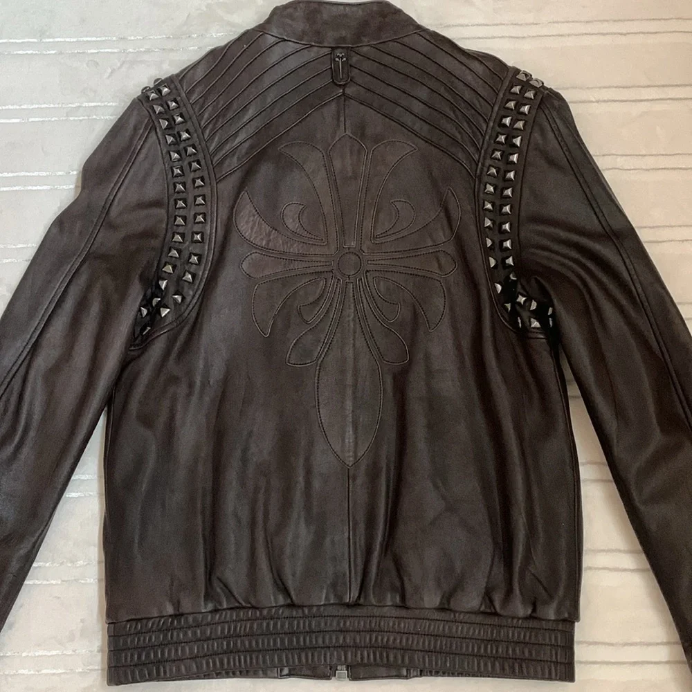 Faith Connexion Designer Men’s Brown Leather Studded Biker Bomber Jacket